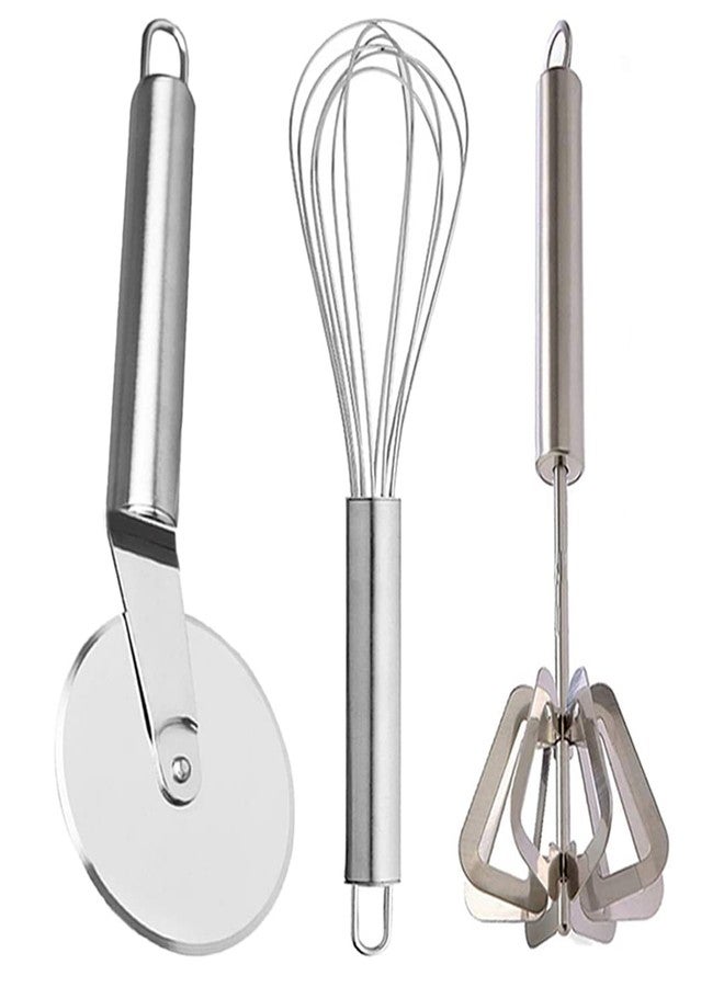 Oc9 Stainless Steel Kitchen Tool Set Pizza Cutter & Whisk & Power Free Hand Blender, Mathani/Ravai for Kitchen - Image 1